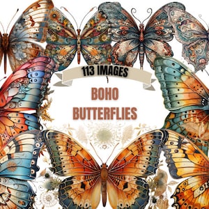 BOHO SCHMETTERLING CLIPART Bundle 113x Png - Aquarell - Fantasy - Transparent Digitaler Download für Handwerk, Dekoration und mehr