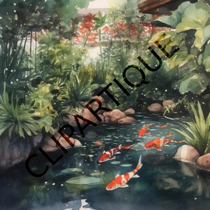 鯉の池のクリップアート、12 倍の高品質画像、水彩クリップアート | 即時ダウンロード、鯉、日本語 | 工芸品、スクラップブック、商用利用