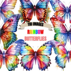 REGENBOGEN SCHMETTERLING CLIPART Bundle 110x Png - Aquarell - Fantasy - Transparent Digitaler Download für Handwerk, Dekoration und mehr