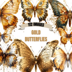 GOLD SCHMETTERLING CLIPART Bundle 112x Png - Aquarell - Fantasy - Transparent Digitaler Download für Handwerk, Dekoration und mehr