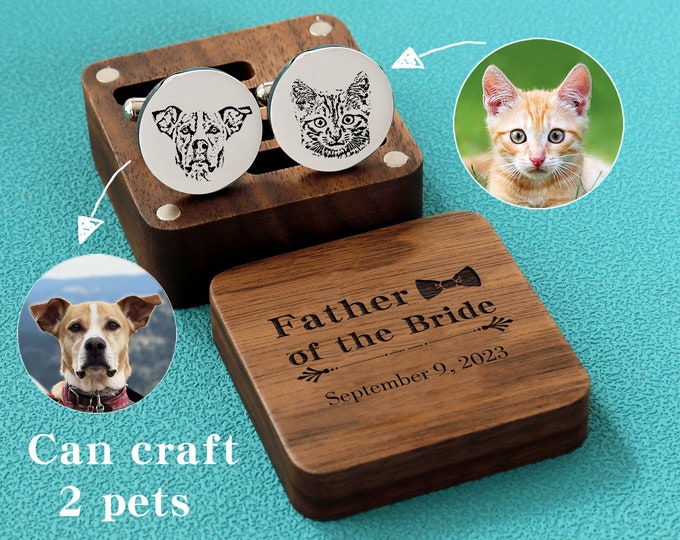Personalized Custom Pet Portrait Cufflinks, Customizable for 2 pets，Memorial Cuff Links, Father of the bride on Wedding Day, Gift For my Him