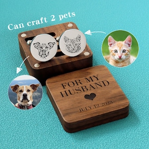 Custom Pet Portrait Cufflinks, Customizable for 2 petsPersonalized Memorial Cuff Links, Father of the bride on Wedding Day, Gift For my Him Round Silver -20mm