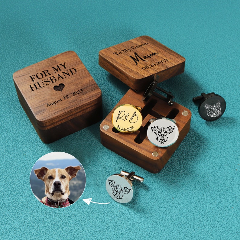 Custom Pet Portrait Cufflinks, Customizable for 2 petsPersonalized Memorial Cuff Links, Father of the bride on Wedding Day, Gift For my Him image 4