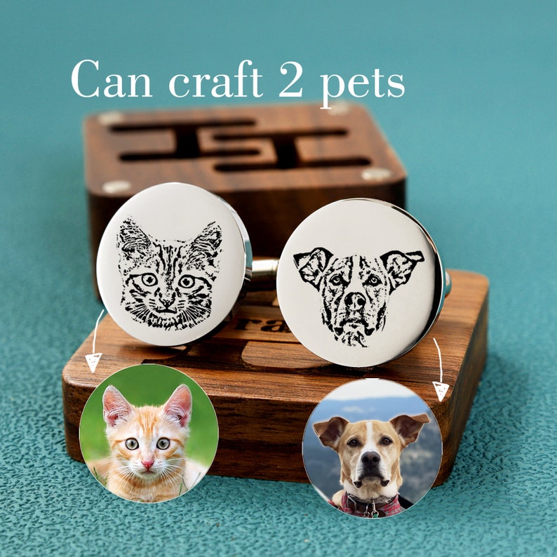 Custom Pet Portrait Cufflinks, Customizable for 2 petsPersonalized Memorial Cuff Links, Father of the bride on Wedding Day, Gift For my Him image 2