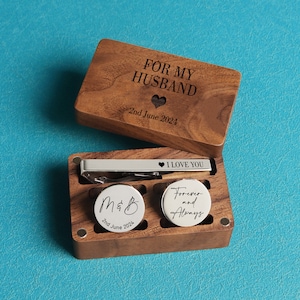 Personalized Cufflinks, Tie Clip & Rectangle Gift Box - Wedding Day Cuff links Groom, Fiance Gifts, Birthday or Anniversary Gift for Husband