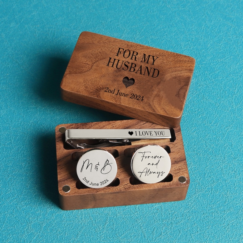 Personalized Metal Cufflinks, Tie Clip & Rectangle Gift Box - Wedding Day Cuff links Groom Fiance, Birthday Anniversary Gift for Husband Round Silver -20mm