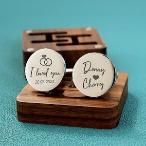 Gemelos de boda personalizados caja de regalo grabada opcional, regalo de gemelos del día de la boda para el padre del novio padre del novio, regalo de aniversario Round Silver -20mm