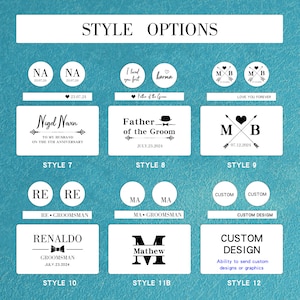 May include: A graphic showing 12 different styles for personalized engraved wooden gifts. The styles include initials, names, dates, and messages. The text in the image reads "Style Options".