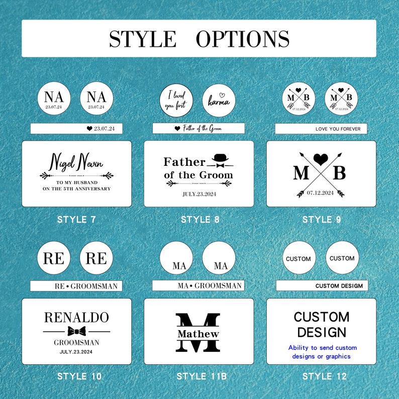 May include: A graphic showing 12 different styles for personalized engraved wooden gifts. The styles include initials, names, dates, and messages. The text in the image reads "Style Options".