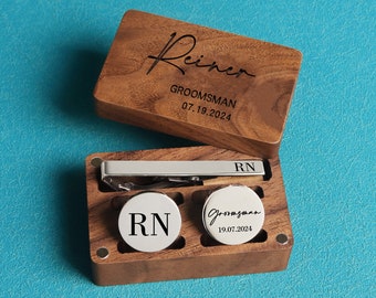 Benutzerdefinierte Groomsmen Manschettenknöpfe Geschenk, personalisierte Hochzeitstag Geschenke Manschettenknöpfe für Trauzeugen Männer Trauzeuge Bräutigam, Manschettenknöpfe & Krawattenklammer-Set