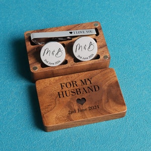 Personalized Metal Cufflinks, Tie Clip & Rectangle Gift Box - Wedding Day Cuff links Groom Fiance, Birthday Anniversary Gift for Husband
