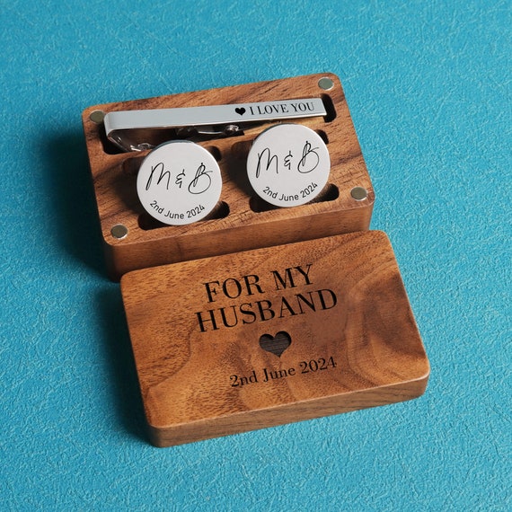 Personalized Metal Cufflinks, Tie Clip & Rectangle Gift Box - Wedding Day Cuff links Groom Fiance, Birthday Anniversary Gift for Husband