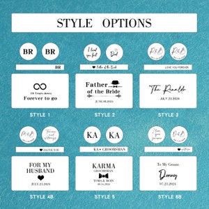 May include: A graphic showing different styles of engraved wooden tags. The styles include "BR", "I loved you first", "Dad", "R&B", "10 Years down Forever to go", "Father of the Bride", "The Renaldo", "Forever and Always", "KA", "I am you forever", "D&B", "For My Husband", "Karma Groomman", "To My Groom Donny".
