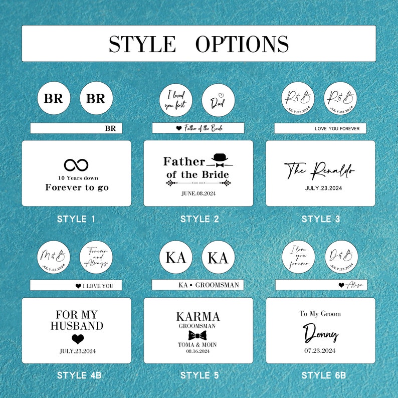 May include: A graphic showing different styles of engraved wooden tags. The styles include "BR", "I loved you first", "Dad", "R&B", "10 Years down Forever to go", "Father of the Bride", "The Renaldo", "Forever and Always", "KA", "I am you forever", "D&B", "For My Husband", "Karma Groomman", "To My Groom Donny".