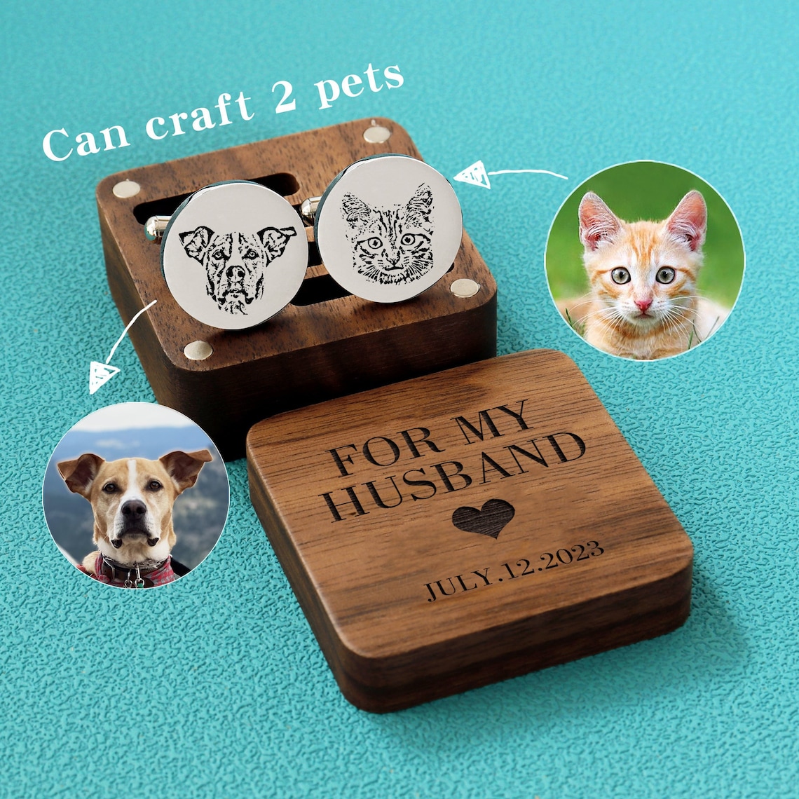 Custom Pet Portrait Cufflinks with an engraved wooden box.