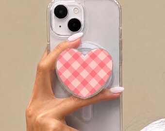 Gingham Heart Magsafe Phone Grip, Pink Coquette Phone Holder, Gift for Her