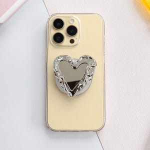 Silver Heart Magnetic Phone Grip Mirror, iPhone Grip, Y2K Chrome Charm