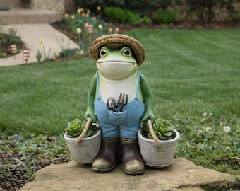 Escultura de estatua de rana para jardín, decoración de jardín estilo cottagecore,