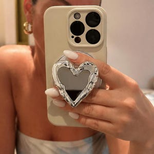 Silver Heart Mirror Magsafe Phone Grip, iPhone Grip, Y2K Chrome Charm