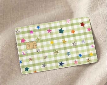 Green Gingham Stars Credit Card Skin, Plaid Debit Sticker, Trendy Wallet Accessory