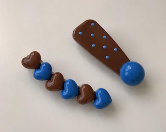 Blue & Brown Heart Hair Clip Set, Korean Style Barrettes, Y2K Hair Accessories, Coquette Look