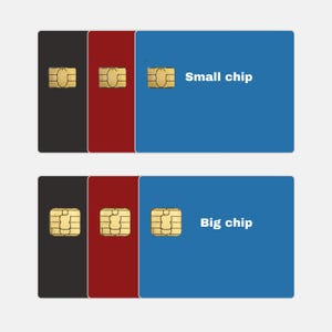 Puede incluir: Dos filas de tres tarjetas rectangulares en negro, rojo y azul. La fila superior muestra tarjetas con un chip dorado peque&ntilde;o y el texto Small chip. La fila inferior muestra tarjetas con un chip dorado m&aacute;s grande y el texto Big chip en la azul.