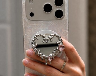 Silver Heart Mirror Magsafe Phone Grip, Chrome Drip Y2K Accessory