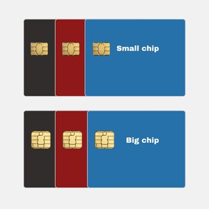 Puede incluir: Dos filas de tres tarjetas rectangulares en negro, rojo y azul. La fila superior muestra tarjetas con un chip dorado peque&ntilde;o y el texto Small chip. La fila inferior muestra tarjetas con un chip dorado m&aacute;s grande y el texto Big chip en la azul.