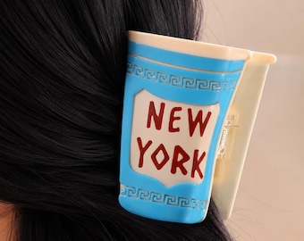 New York Cup Claw Clip, NYC Souvenir, Blue Coffee Cup Hair Accessory, Travel Gift