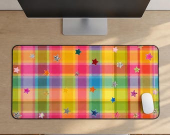 Alfombrilla de escritorio con estampado de estrellas a cuadros, decoración de oficina personalizada, alfombrilla de ratón de estilo preppy.