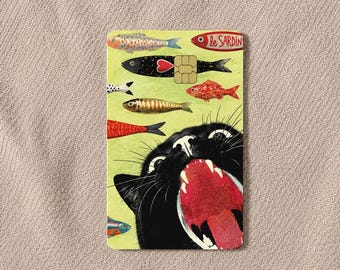 Vintage Black Cat Fish Credit Card Skin, Retro Le Chat Noir Inspired Accessory