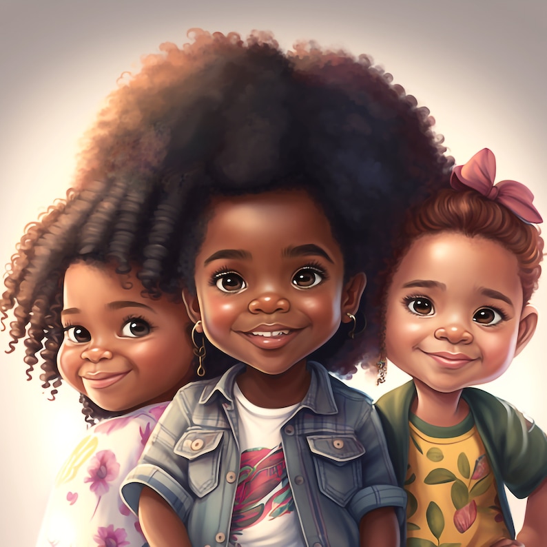 Puede incluir: Tres ni&ntilde;as j&oacute;venes con piel marr&oacute;n oscura y cabello rizado est&aacute;n sonriendo. La ni&ntilde;a del medio lleva una chaqueta vaquera azul sobre una camiseta blanca. La ni&ntilde;a de la izquierda lleva una camisa floral rosa y blanca. La ni&ntilde;a de la derecha lleva una camisa amarilla con estampado floral.