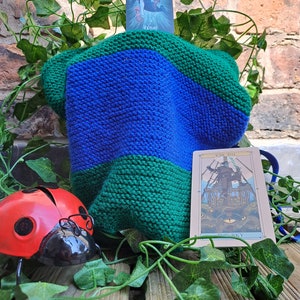 May include: A green and blue knitted pouch with a tarot card reading "The Sky" and a black tarot card reading "Raisho" on top of it. The pouch is sitting on a wooden surface with green ivy and a red ladybug.