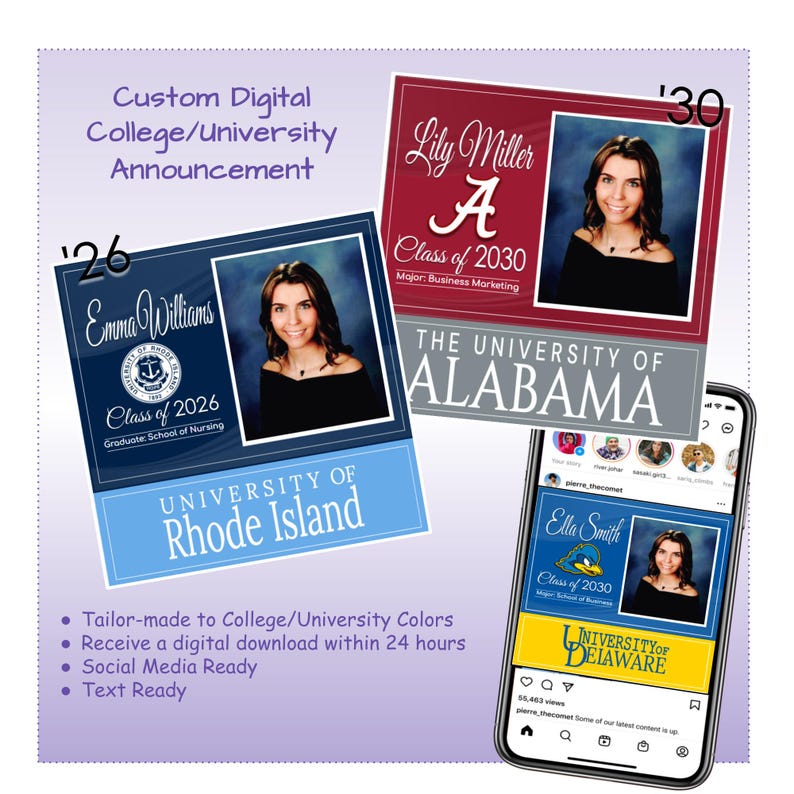 Custom Digital College Announcement Class of 2030, Custom Digital GRADUATION Announcement, University COMMITMENT, Social Media Ready image 1