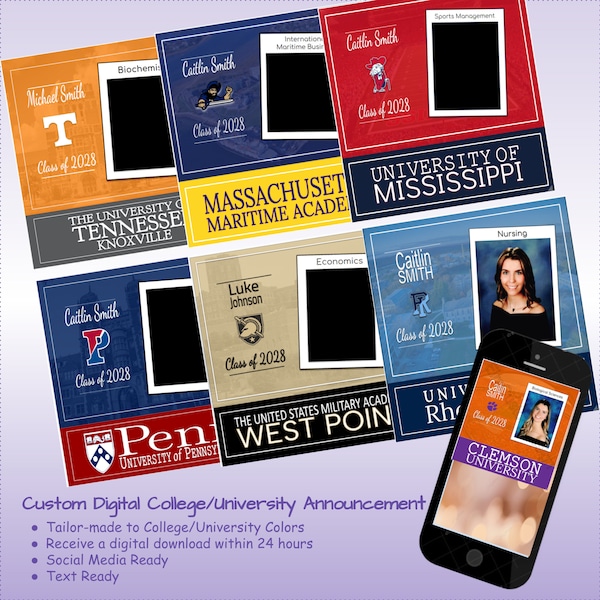 Custom Digital College Announcement, Custom Digital Graduation Announcement, University Commitment,  Social Media Ready