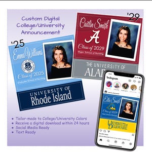 Custom Digital College Announcement Class of 2029, Custom Digital GRADUATION Announcement, University COMMITMENT,  Social Media Ready