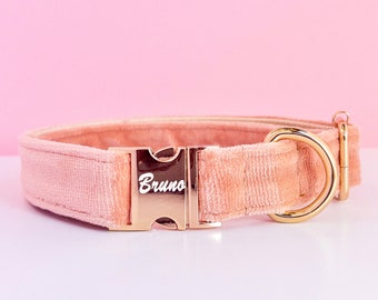 Pink Dog Collar with Leash, Flamingo Pink Pastel Velvet Dog Collar, Personalized Gift for Girl, Handmade Dog Collar