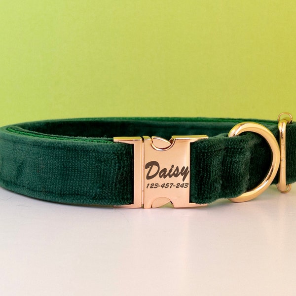 Green Velvet Personalized Dog Collar & Leash Set,Custom Engraved Name Tag,Small Dog Dark Green Pet Gifts, Eco-Friendly Pet Accessories,