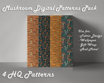 Mushroom Digital Pattern Pack (4 in 1), Commercial Use, Digital Paper, Seamless Patterns, Printable Scrapbook, Digital Download