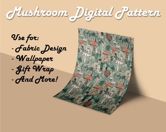 Mushroom Digital Pattern, Commercial Use, Digital Paper, Seamless Patterns, Printable Scrapbook, Digital Download