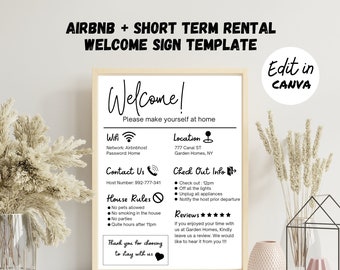 Cartello di benvenuto con modello modificabile per Airbnb, VRBO e Guest Homes - Visualizzazione delle regole della casa - Stampa della password WIFI - Poster di arrivo degli ospiti