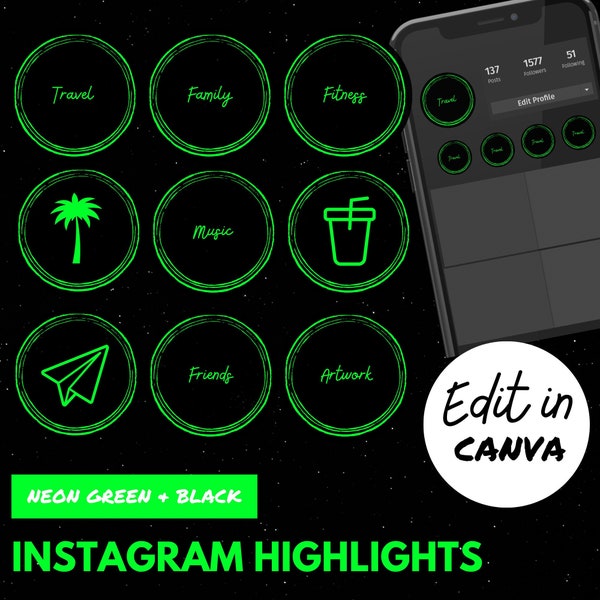 Neon Green and Black Instagram Highlight Cover Template - Fun Instagram Icons - Instagram Cover highlight Templates - IG Covers - Insta 2023