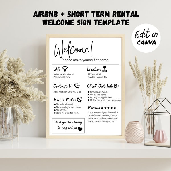 Cartel de bienvenida con plantilla editable para Airbnb, VRBO y casas de huéspedes - Visualización de reglas de la casa - Impresión de contraseña WIFI - Póster de llegada de huéspedes