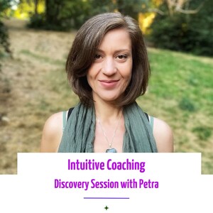 May include: A woman with short brown hair smiles at the camera. She is wearing a green scarf and a silver necklace. The text "Intuitive Coaching Discovery Session with Petra" is displayed in purple text on a white background.