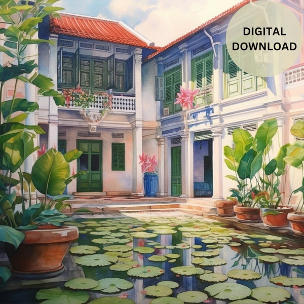 Lotus Haven: Enchanting Peranakan Yard - printable wall art