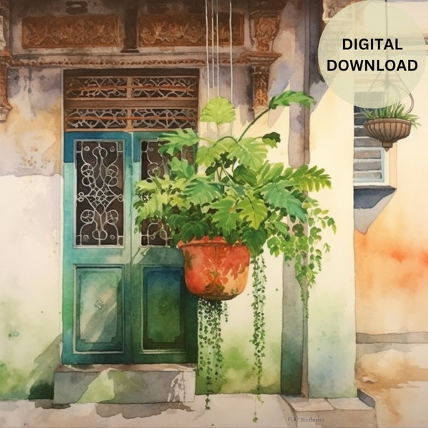 The Green Gatehouse: Peranakan Charm and Lush Monstera Delight - printable wall art