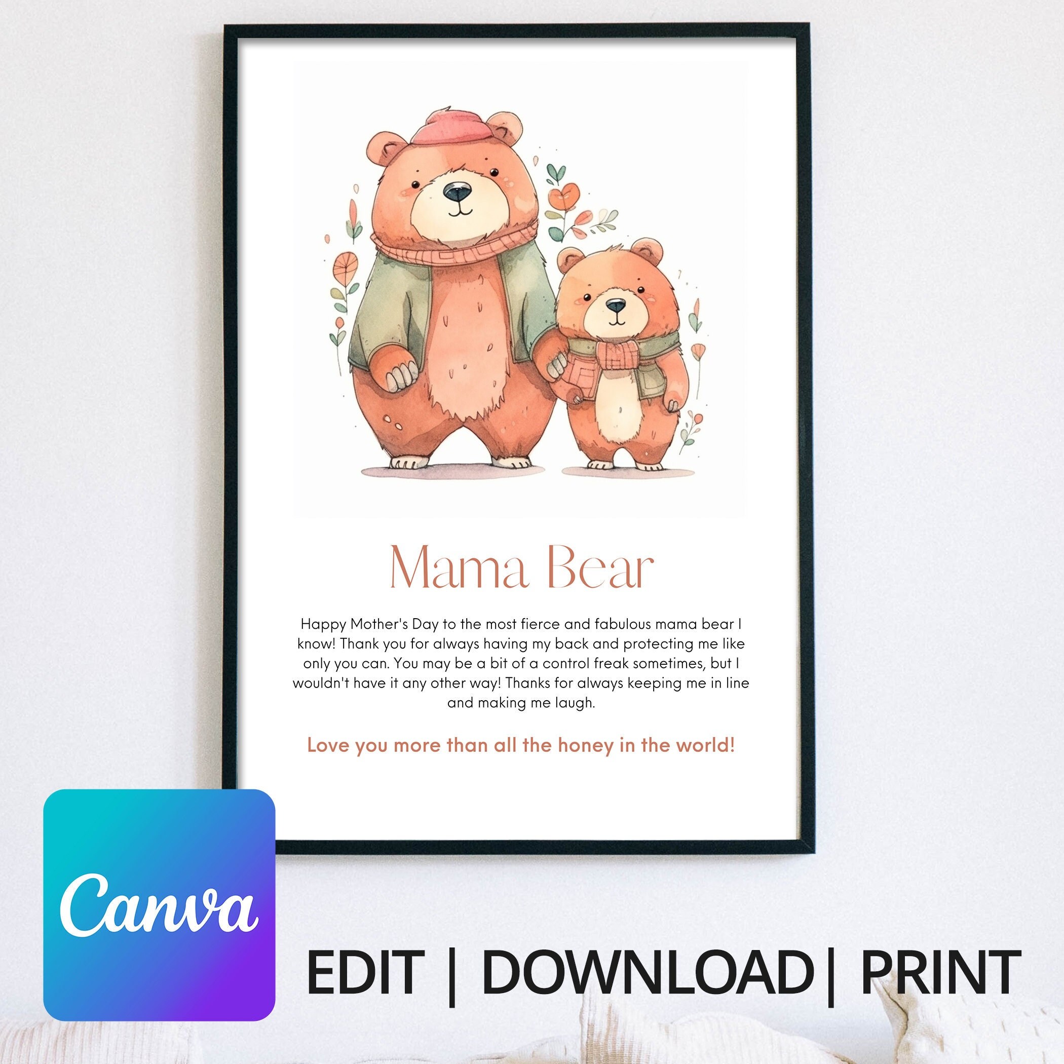Mama Bear Cute Mothers Day Poster Canva Template Card for - Etsy