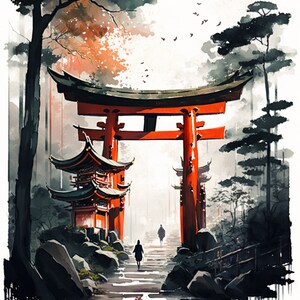 May include: A traditional Japanese red torii gate with a pagoda in the background. The gate is surrounded by trees and rocks, and there is a path leading up to it. The scene is painted in a watercolor style.