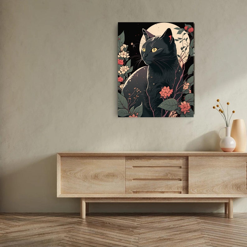 Cute Black Cat Wall Art, Ukiyo-e Style Art, Japanese Vintage Wall Decor ...