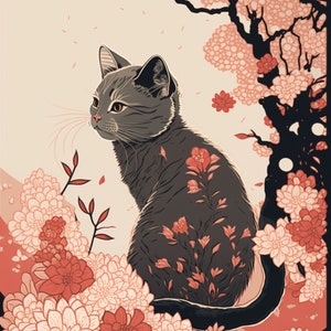 May include: A gray cat sits in a field of pink and red flowers. The cat is surrounded by flowers and the background is a light peach color.